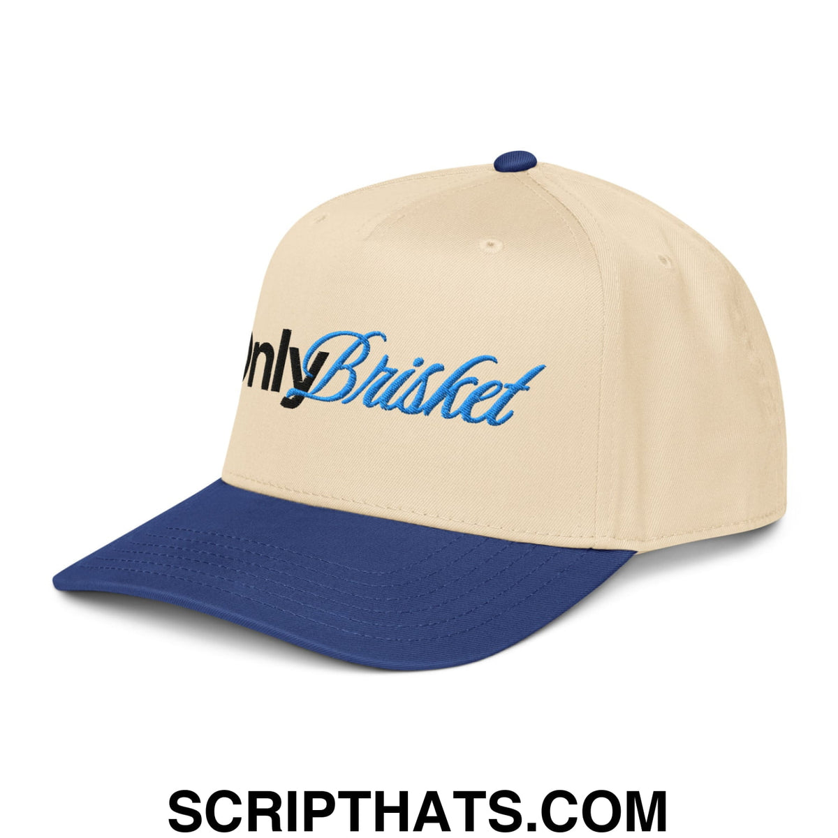 Beige and navy blue baseball snapback hat with embroidered only brisket logo in black and light blue script