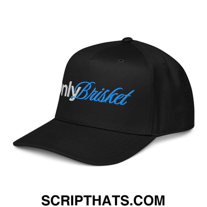Black snapback cap with onlybrisket embroidered in white and blue script for casual and streetwear use