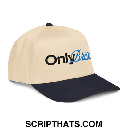 Beige and navy blue baseball snapback hat with onlybrisk embroidered in black and light blue script