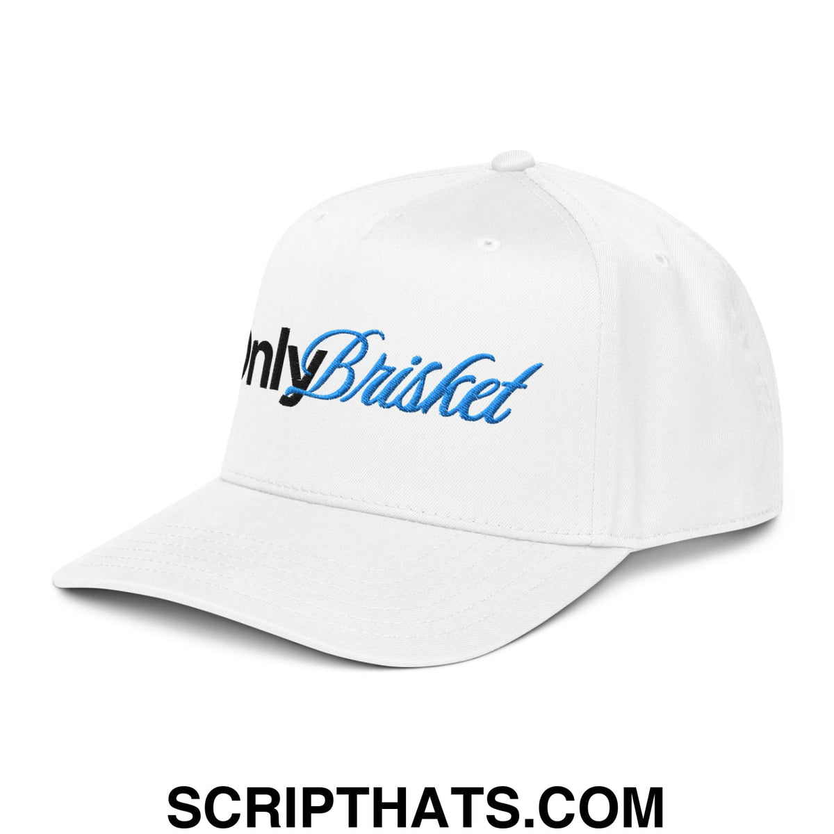 White baseball snapback hat with onlybrisket embroidered in black and blue script on the front panel