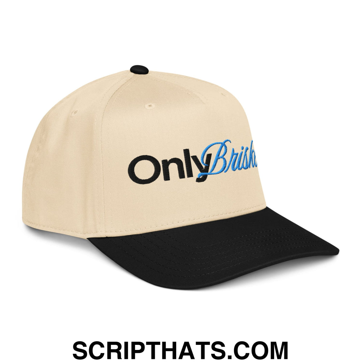 Beige and black baseball snapback hat with onlybrisk embroidered in black and blue script on front panel
