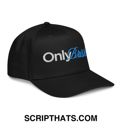 Black snapback baseball hat with onlybrisk embroidered in white and blue script for casual wear