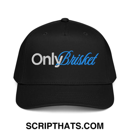 Black baseball snapback hat with only brisket embroidered in white and blue script on the front panel