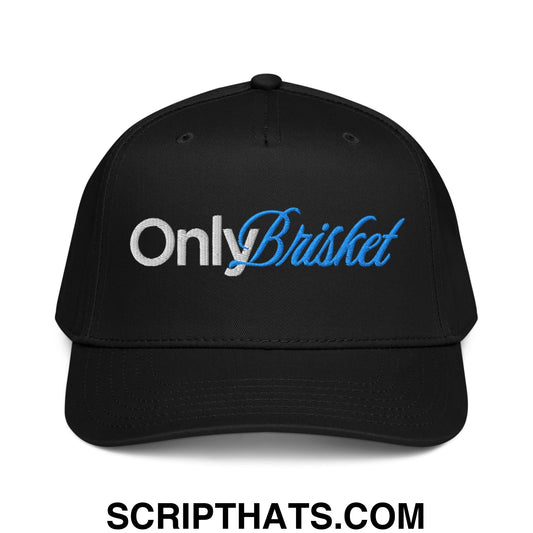 Black baseball snapback hat with only brisket embroidered in white and blue script on the front panel