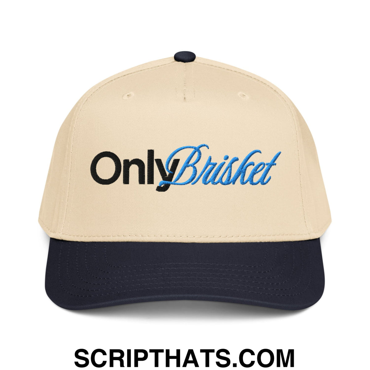 Beige and navy baseball snapback hat with onlybrisket embroidered in black and blue script on front panel
