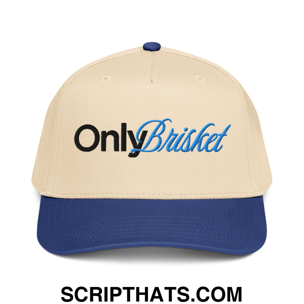 Beige and navy blue baseball snapback hat with onlybrisket embroidered in black and light blue script