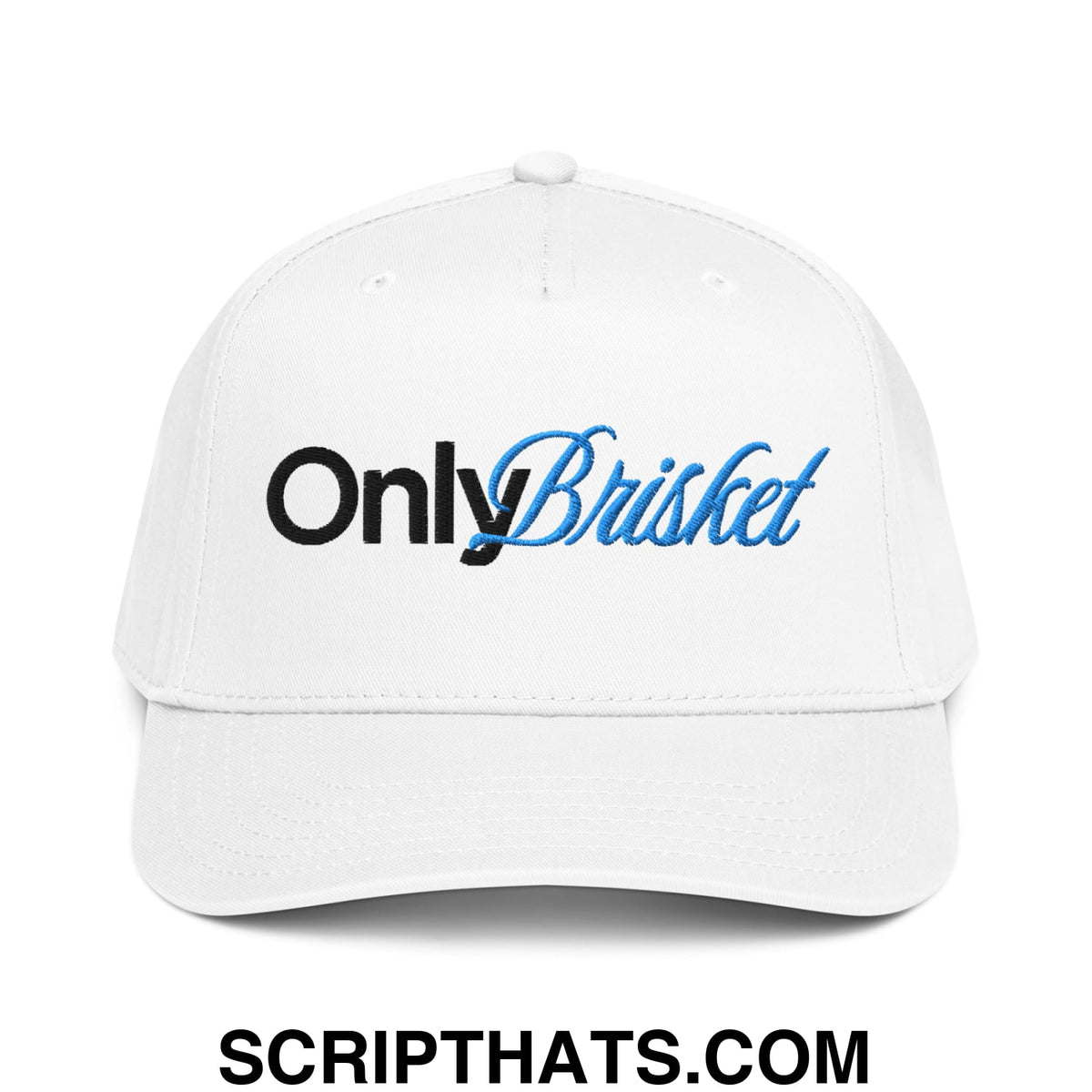 White baseball snapback hat with onlybrisket embroidered logo in black and blue script on the front