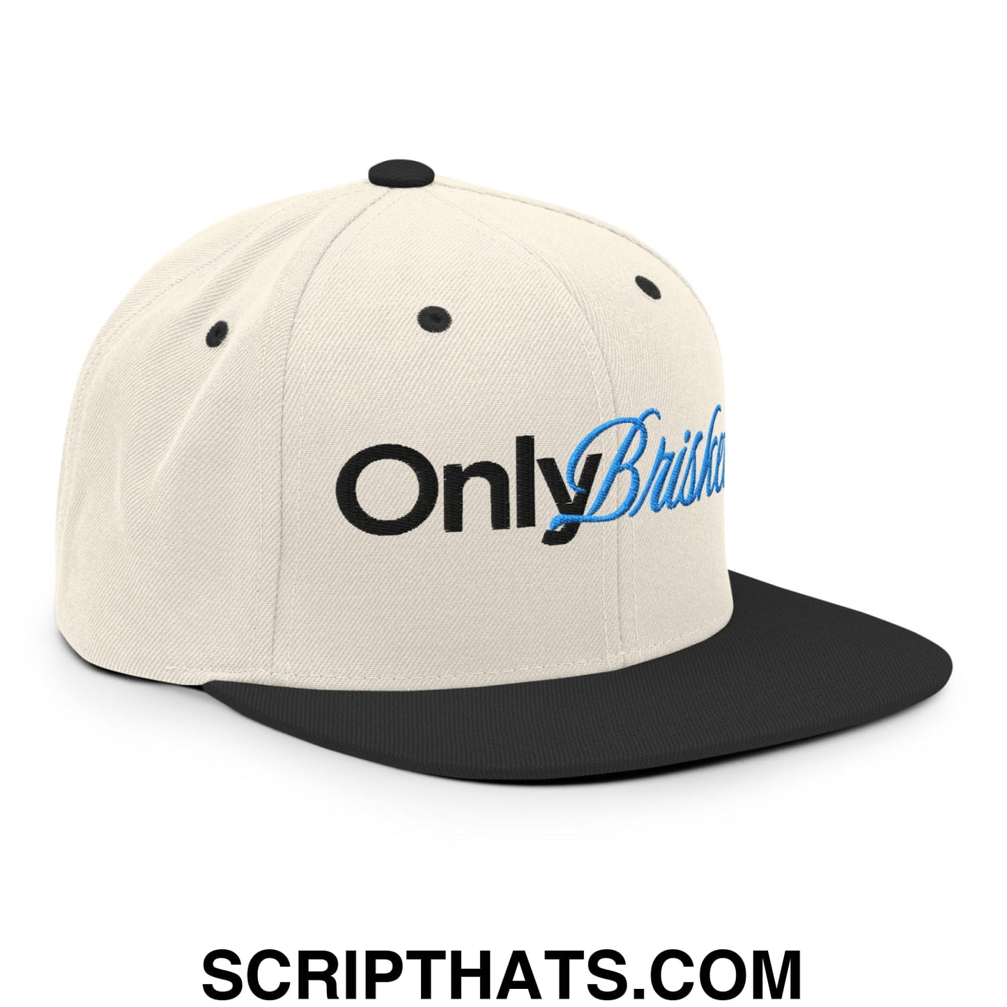 Only Brisket Embroidered Flat Bill Brim Snapback Hat Natural Black