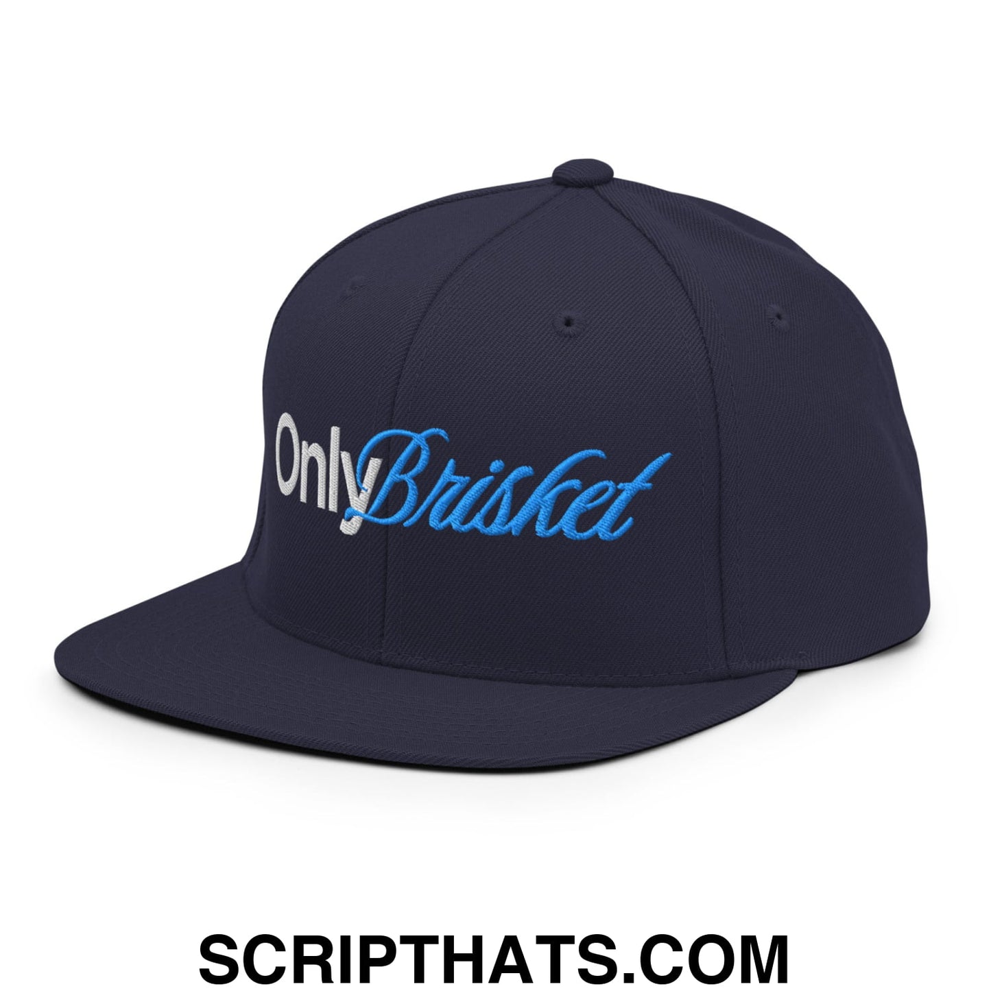 Only Brisket Embroidered Flat Bill Brim Snapback Hat Navy