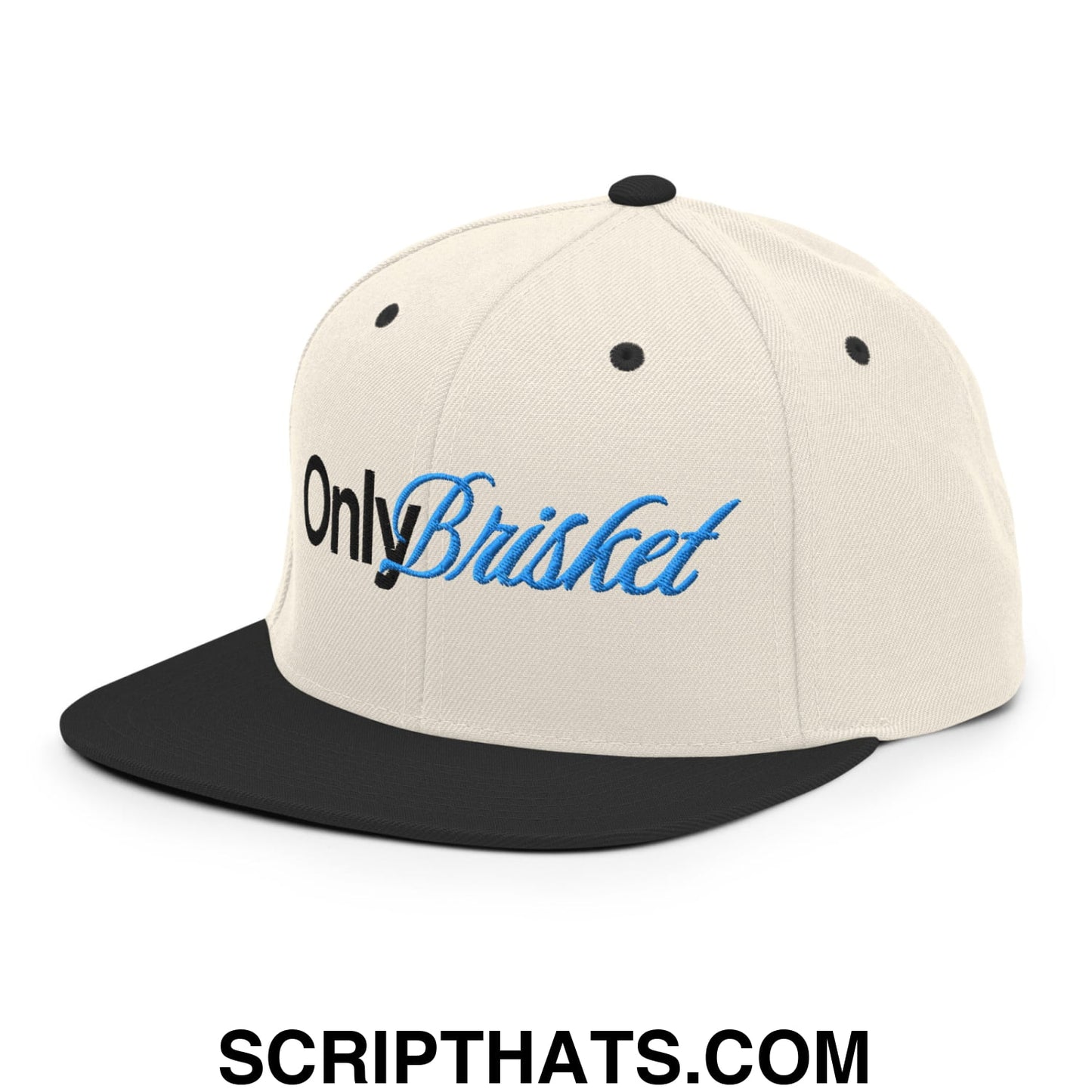 Only Brisket Embroidered Flat Bill Brim Snapback Hat Natural Black