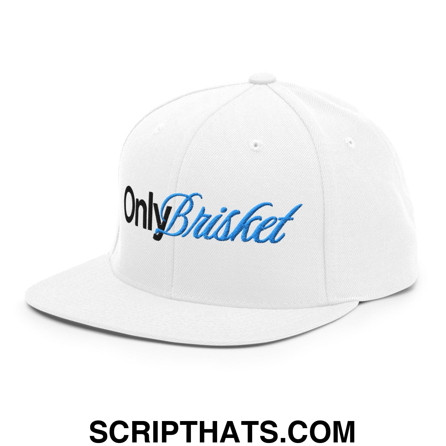 Only Brisket Embroidered Flat Bill Brim Snapback Hat White