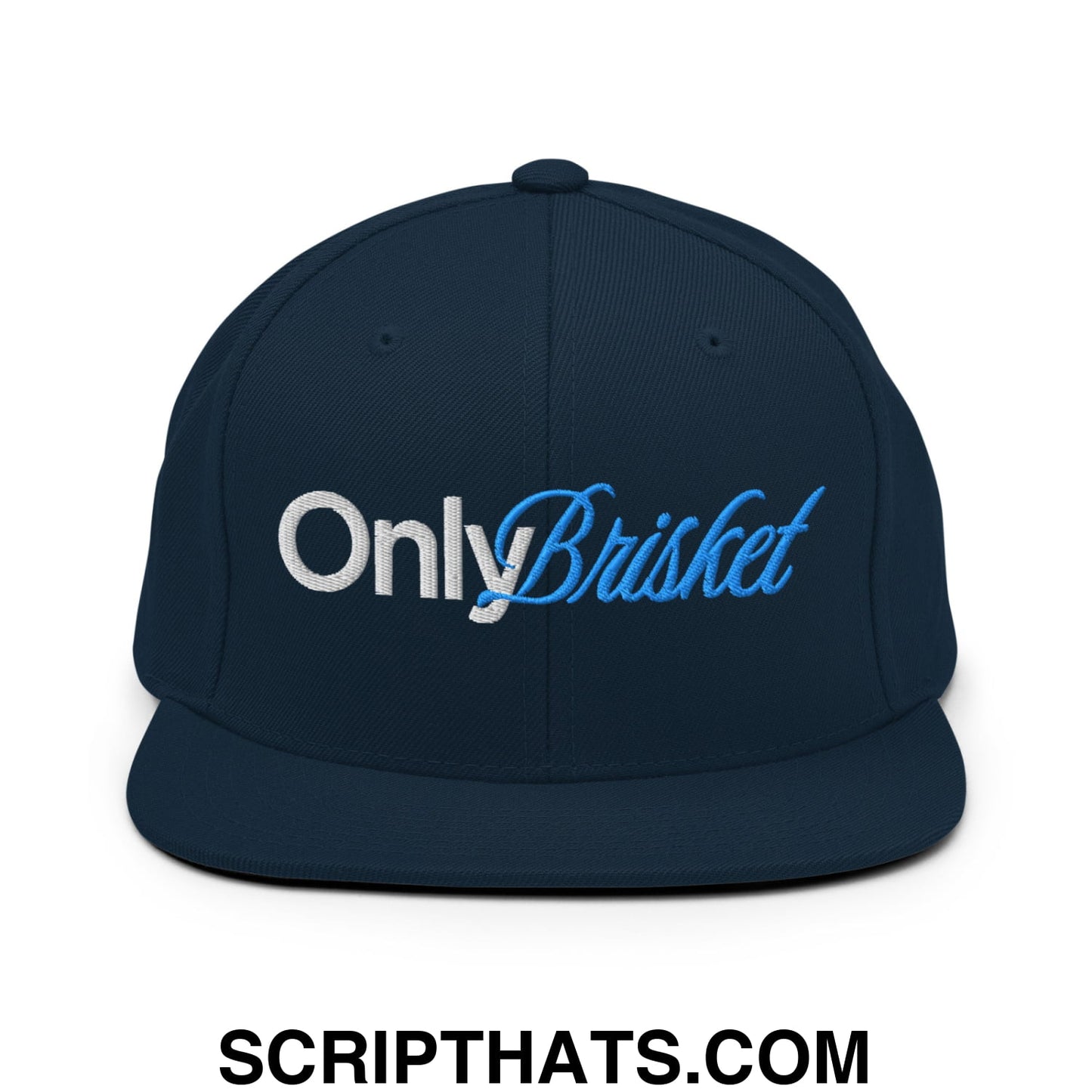 Only Brisket Embroidered Flat Bill Brim Snapback Hat Dark Navy