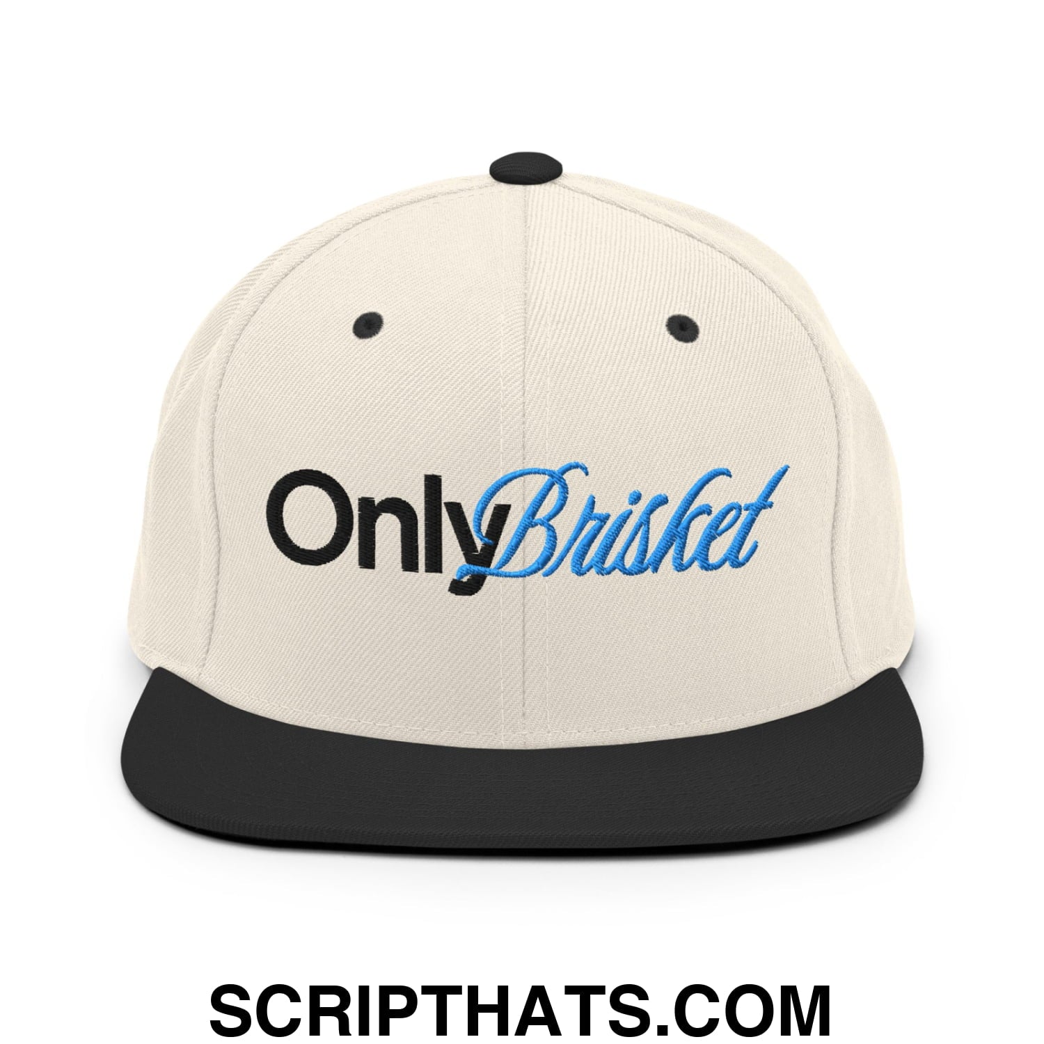 Only Brisket Embroidered Flat Bill Brim Snapback Hat Natural Black
