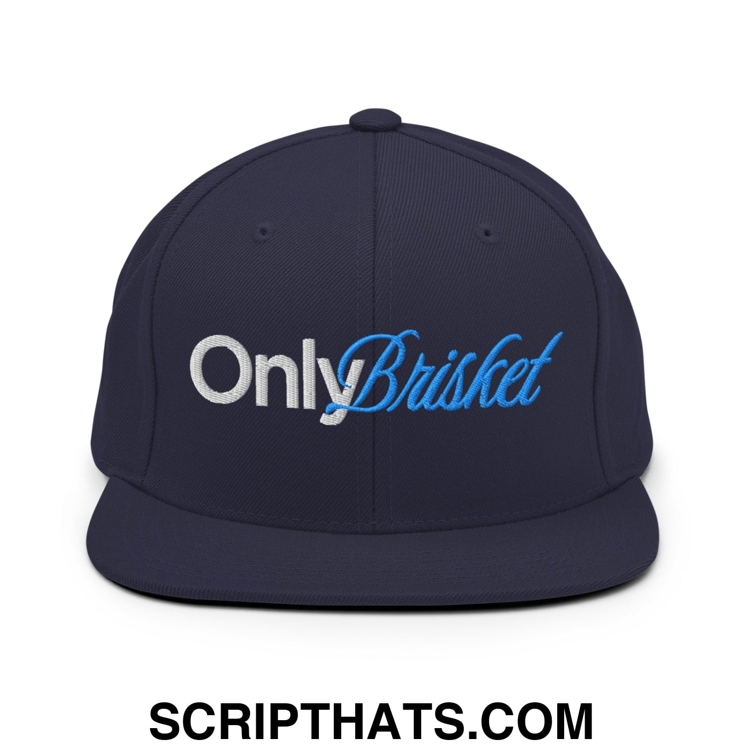 Only Brisket Embroidered Flat Bill Brim Snapback Hat Navy