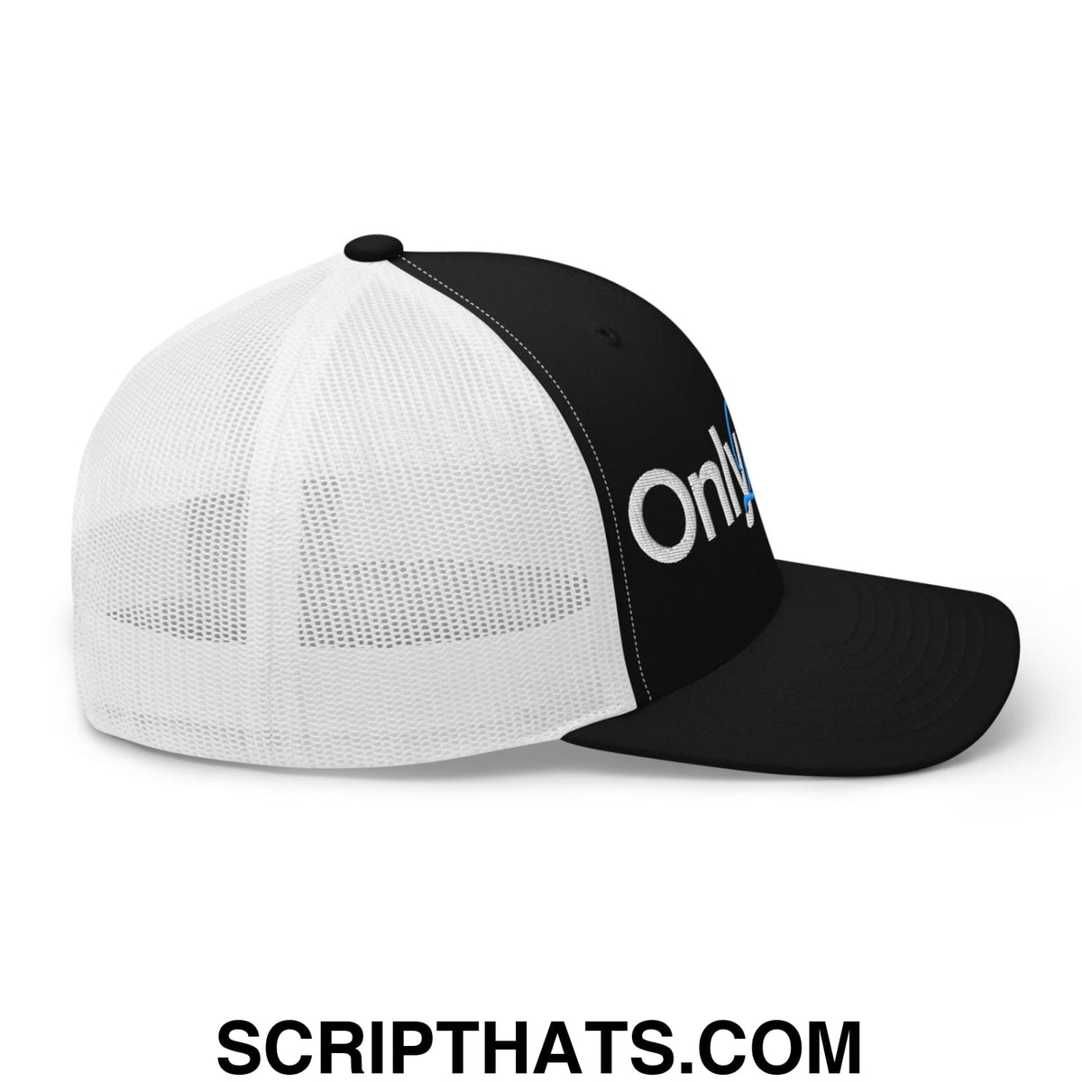 Black and white only brisket embroidered mesh trucker hat with silver lettering and breathable mesh back