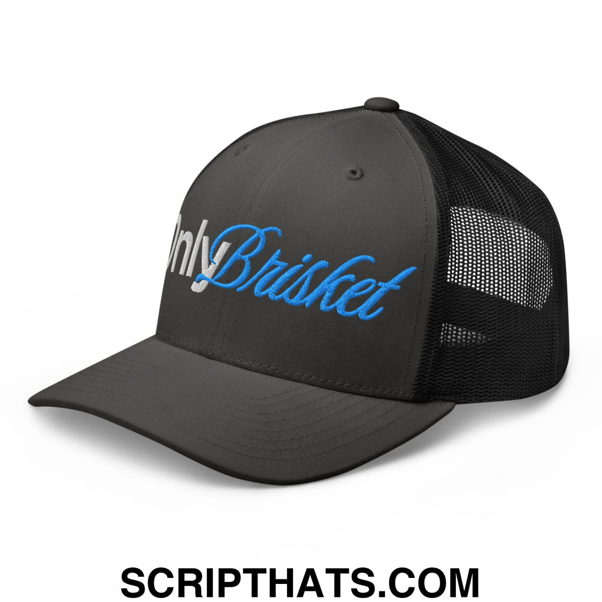 Black mesh trucker hat with only brisket embroidered in blue and white script on the front panel