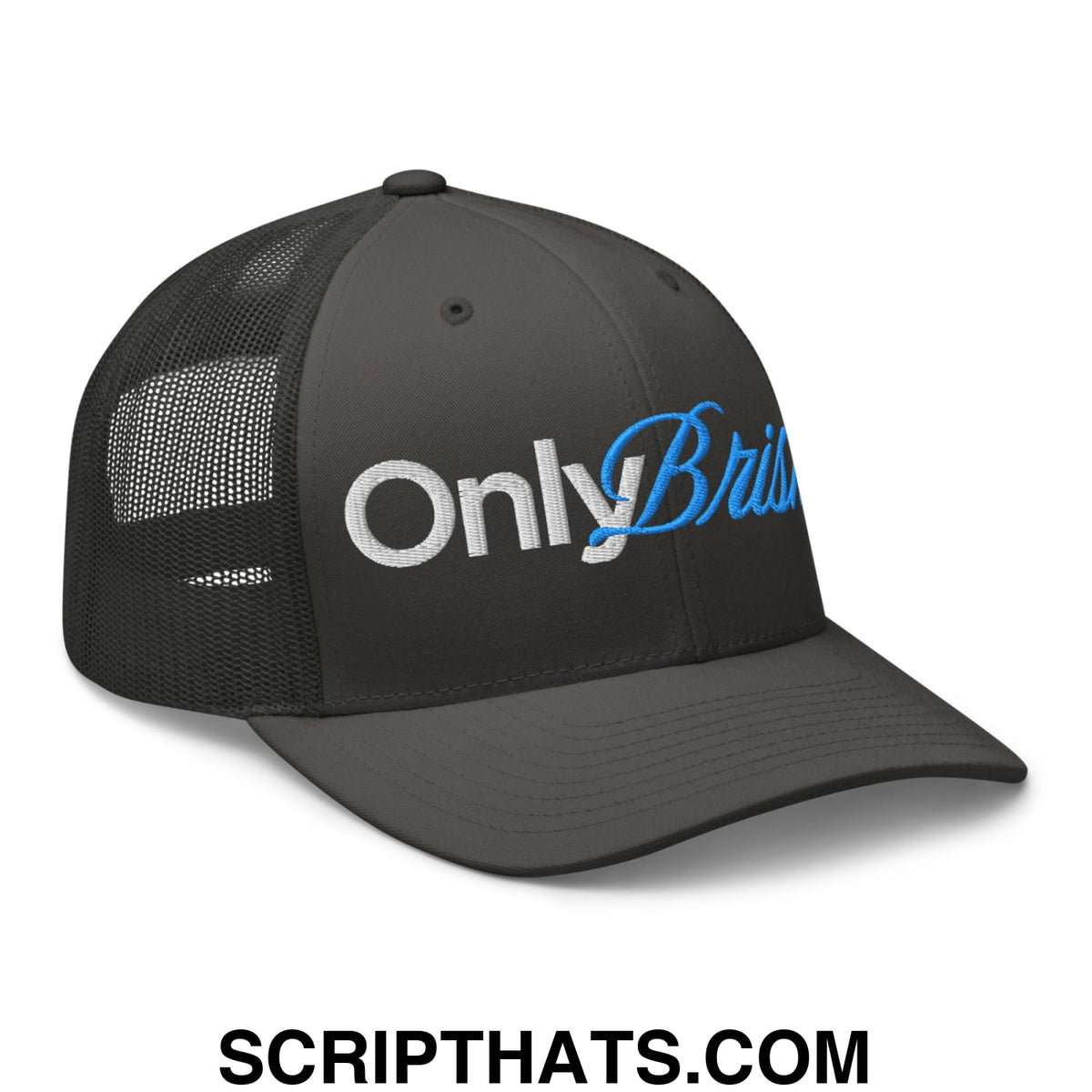 Black mesh trucker hat with embroidered onlybr logo in white and blue thread designed for casual wear