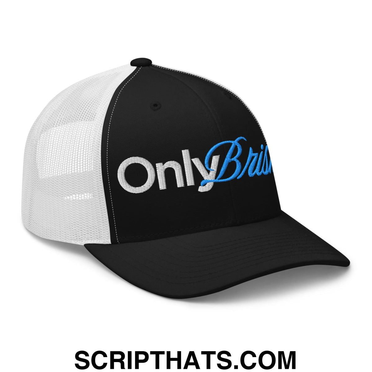 Black and white mesh trucker hat with onlybr embroidered in silver and blue script from only brisket collection