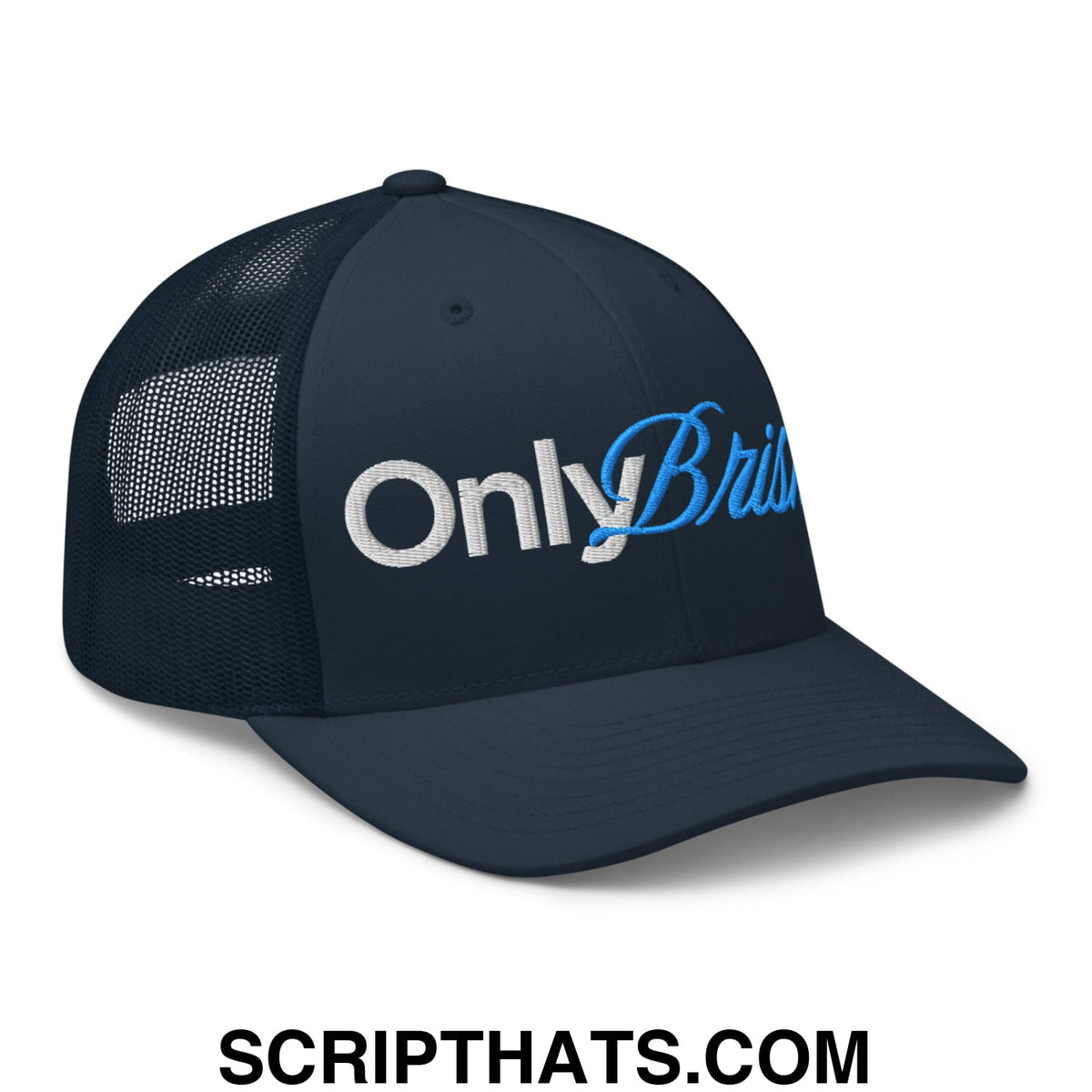 Dark navy mesh trucker hat with embroidered onlybr in white and blue script on front for casual wear