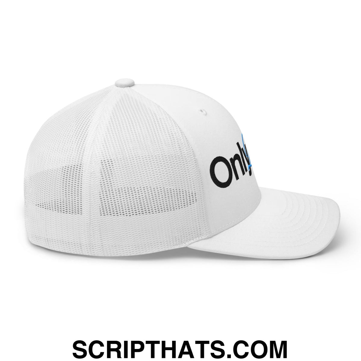 White trucker hat with mesh back and curved brim embroidered with only logo and blue accent on the side