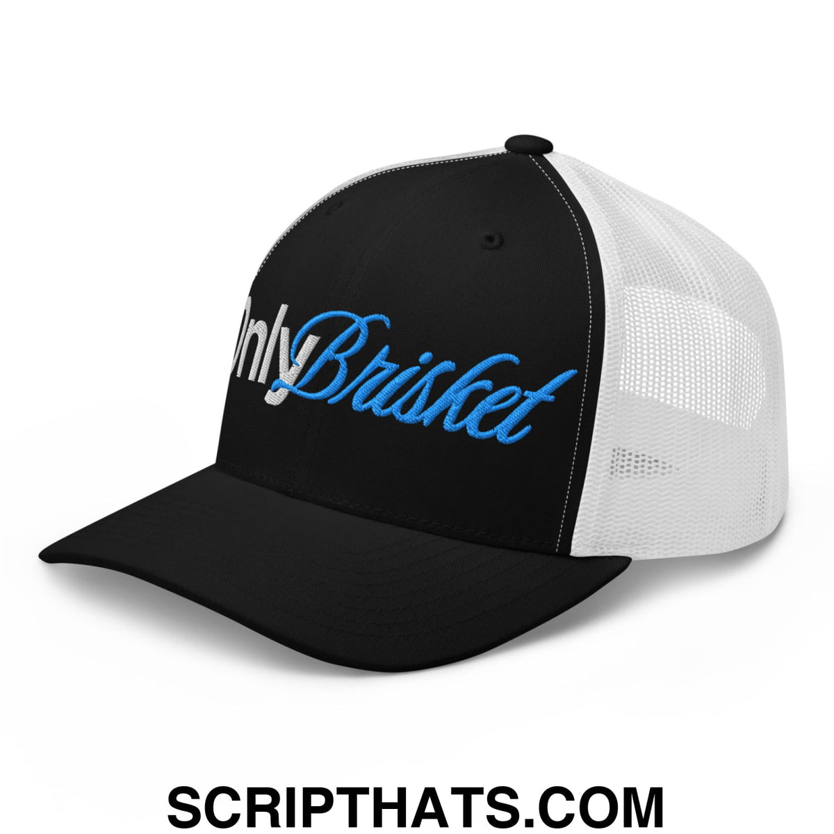 Black and white mesh trucker hat with only brisket embroidered in blue cursive script on the front