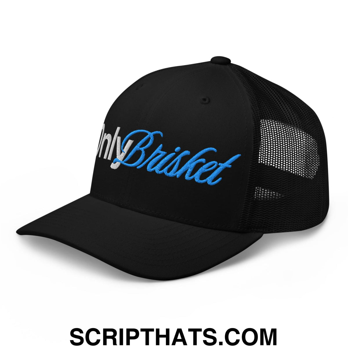 Black mesh trucker hat with only brisket embroidered in blue and white script on the front panel