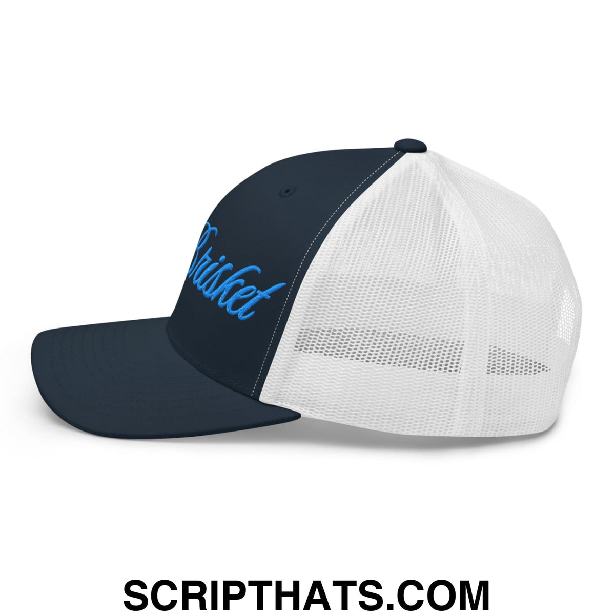 A navy blue and white mesh trucker hat with brisket embroidered in light blue script on the front panel