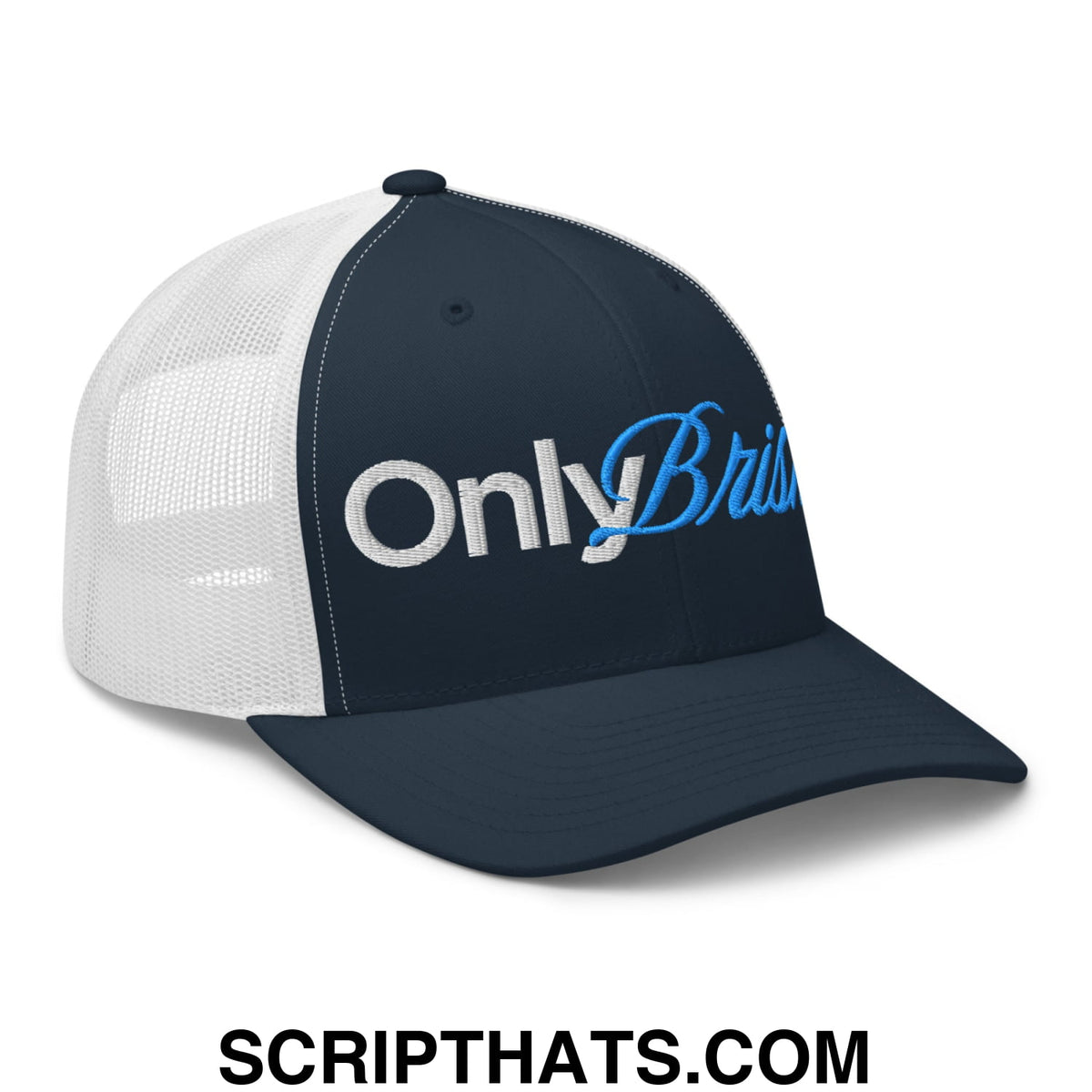 A navy blue and white mesh trucker hat with embroidered onlybr in silver and light blue script
