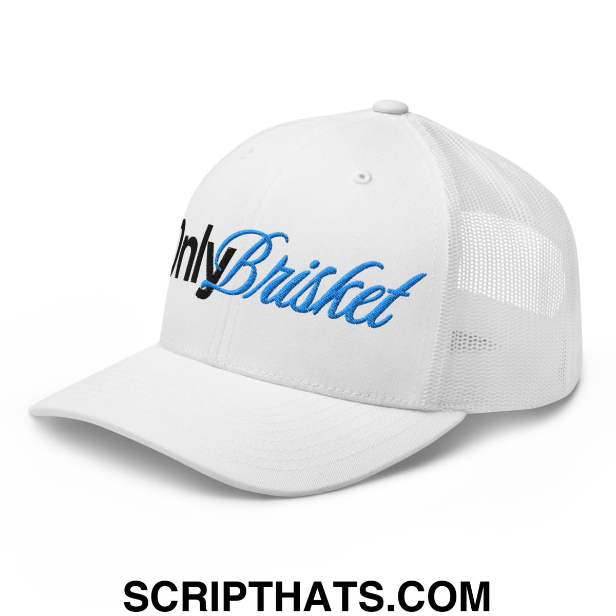White mesh trucker hat with blue and black embroidered Only Brisket logo on front panel