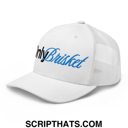 White mesh trucker hat with blue and black embroidered Only Brisket logo on front panel