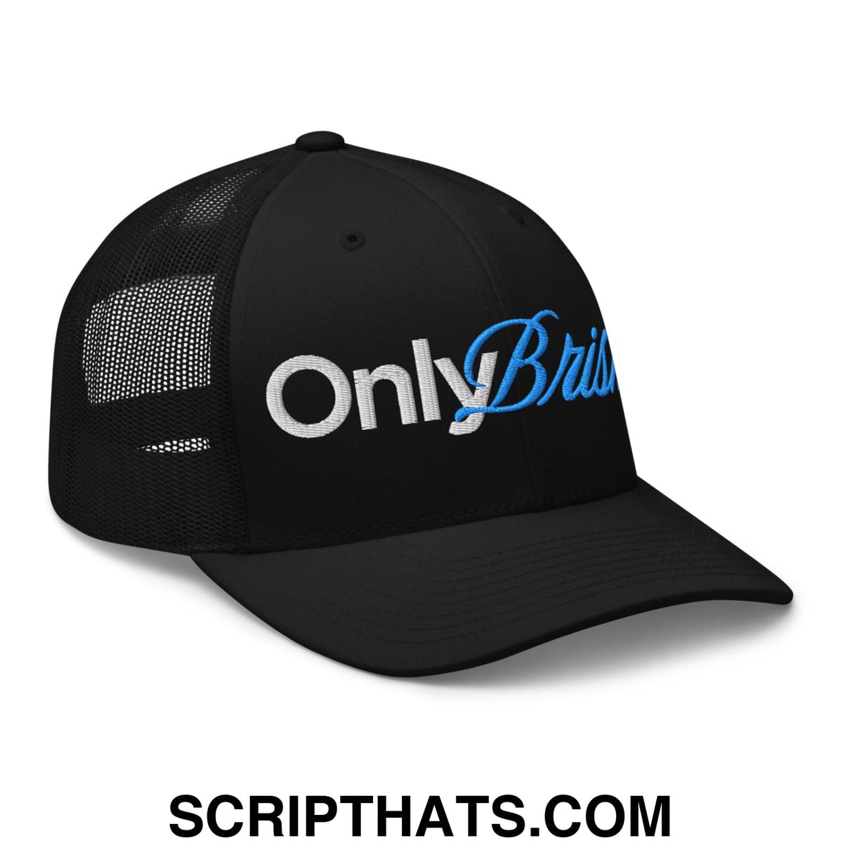 Black mesh trucker hat with embroidered onlybr logo in white and blue thread for casual wear