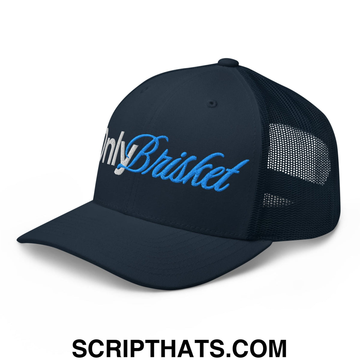 Dark navy mesh trucker hat with blue and white embroidered onlybrisket script on the front panel