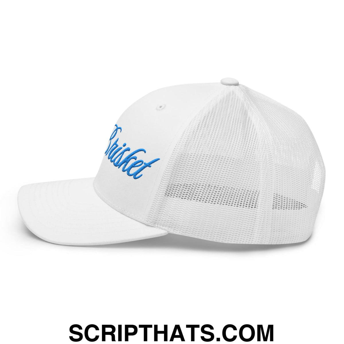 White mesh trucker hat with blue embroidered cricket script on front panel from only brisket collection