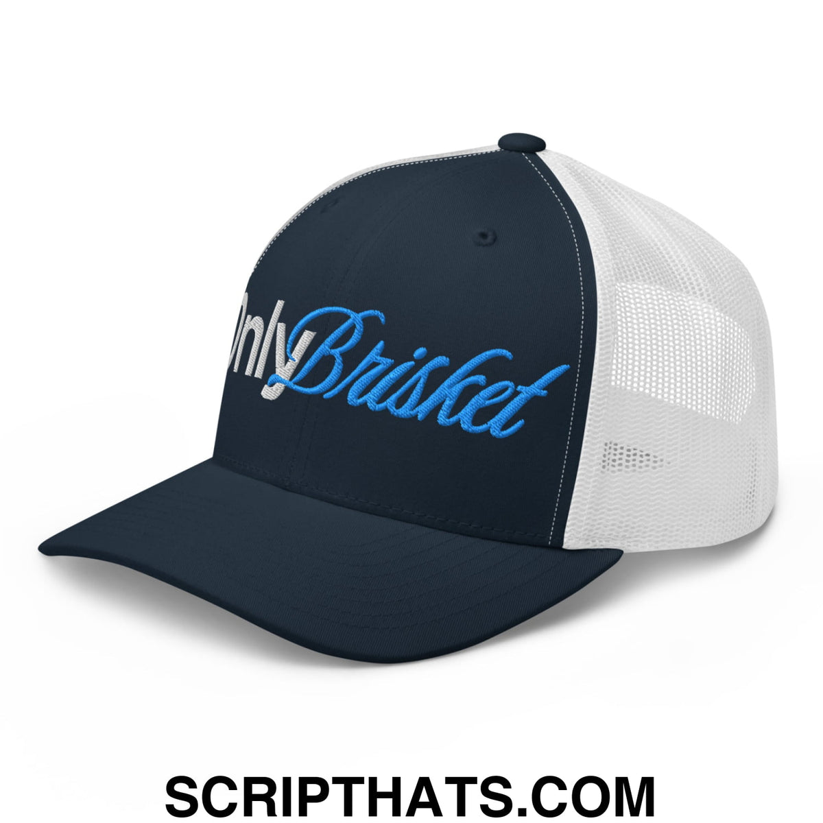 Navy blue and white mesh trucker hat with light blue only brisket cursive embroidery on front panel