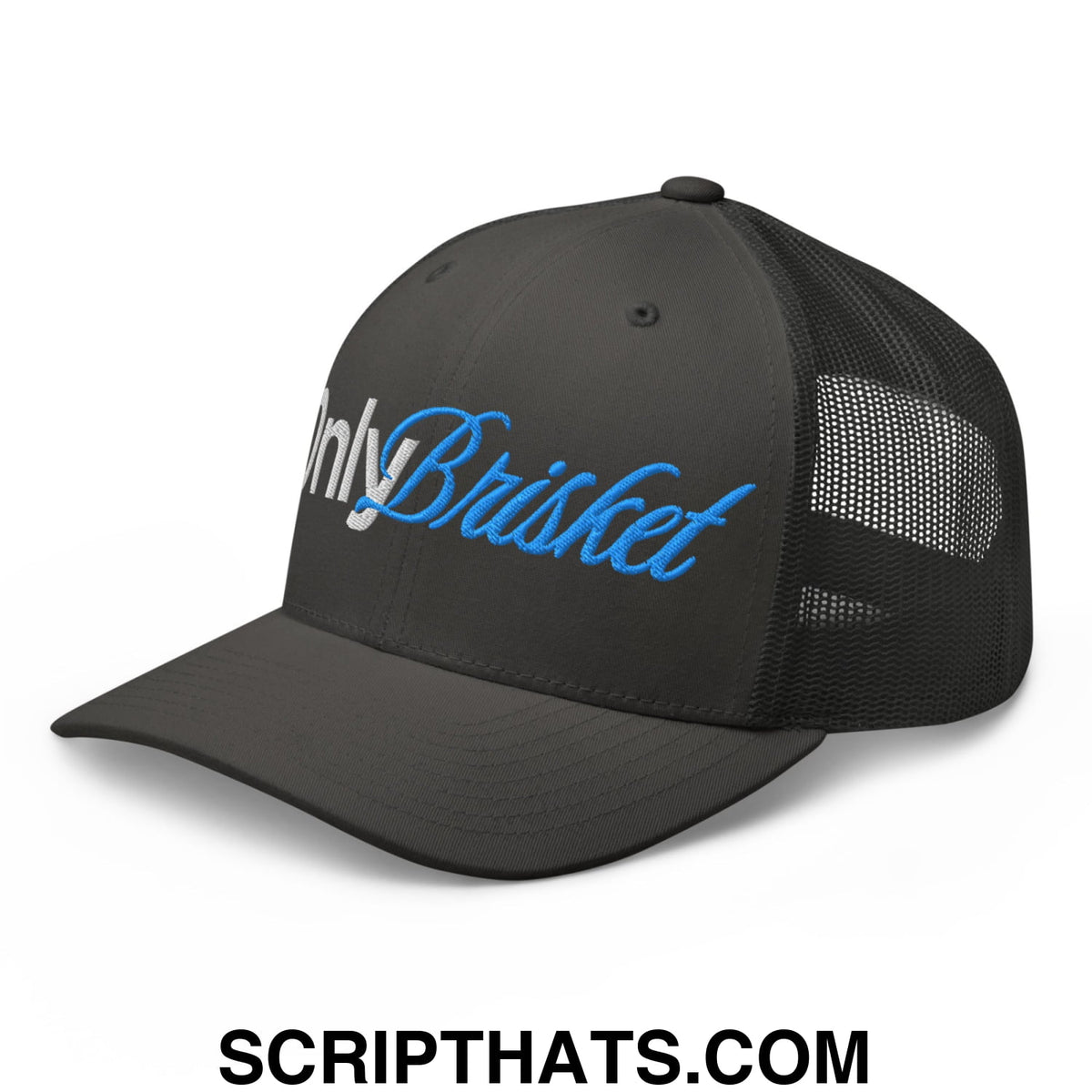 Black mesh trucker hat with blue and white embroidered only brisket script on the front panel