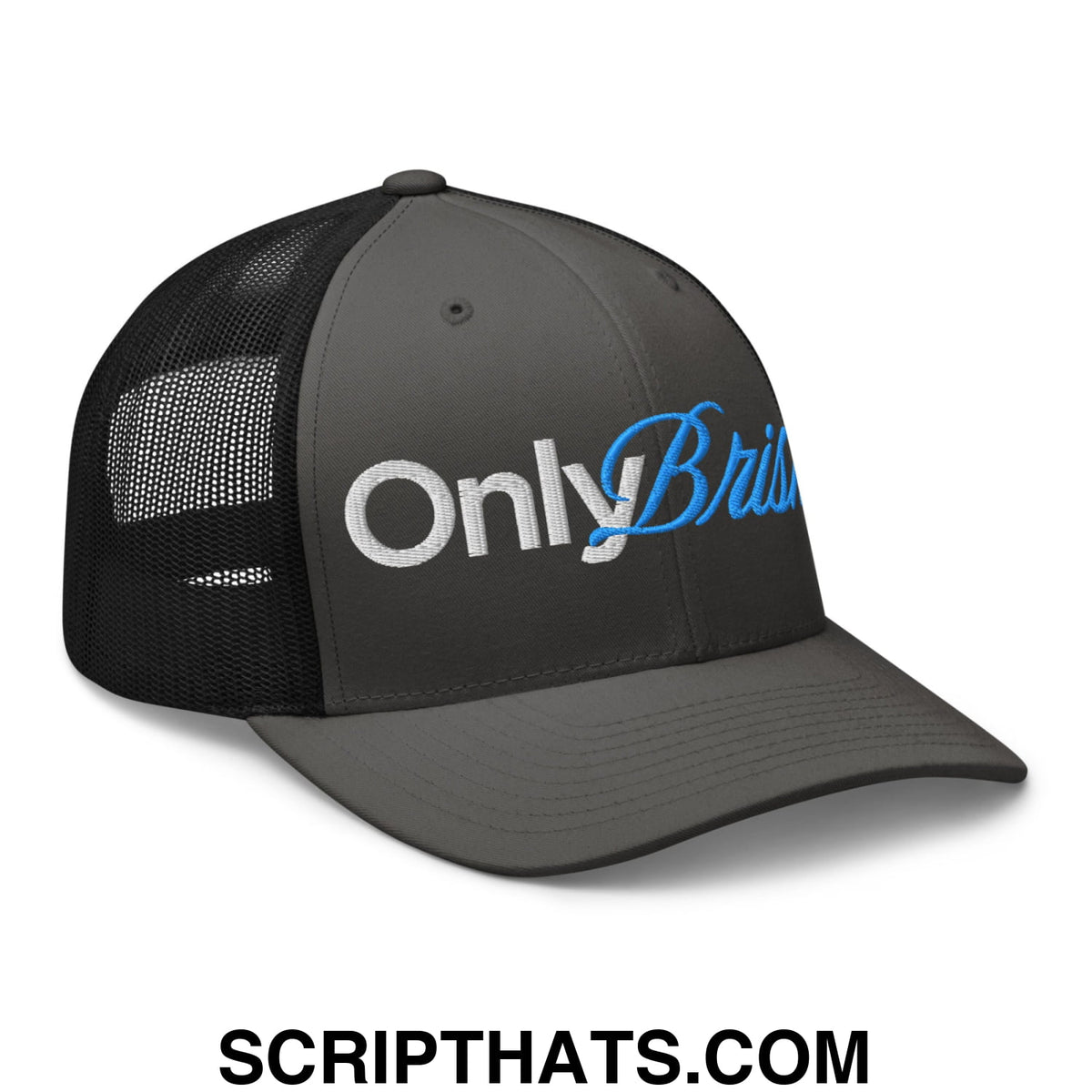 Dark gray only brisket embroidered mesh trucker hat with black mesh back and white and blue onlybr logo