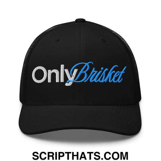 Black mesh trucker hat with only brisket embroidered in white and blue script on the front panel