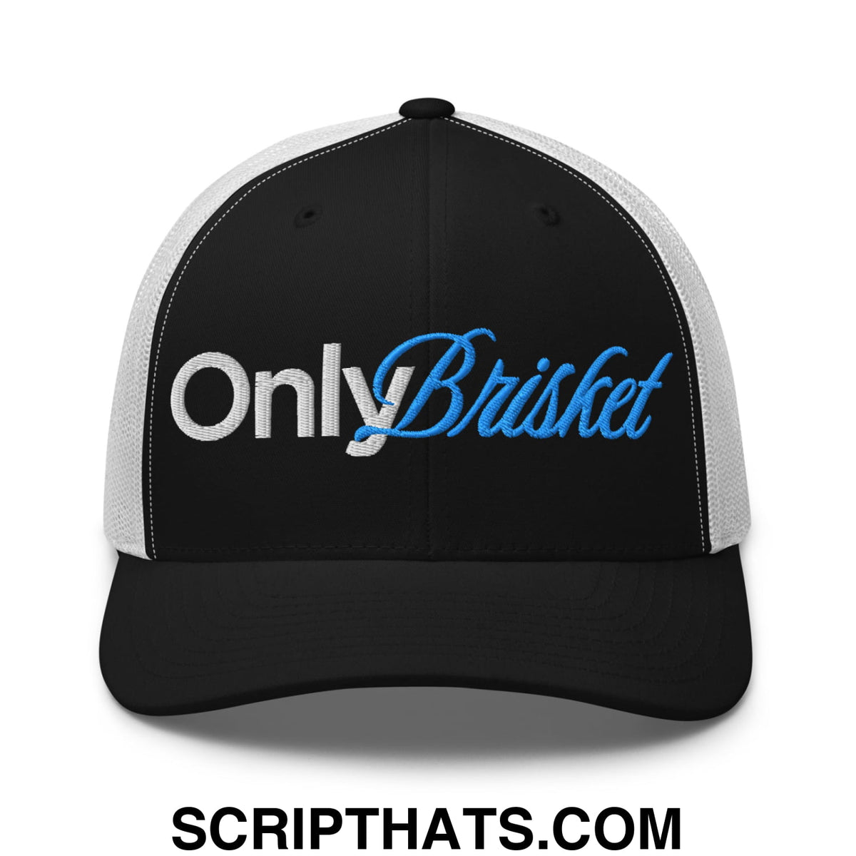 Black and white mesh trucker hat with onlybrisket embroidered in blue cursive script on the front