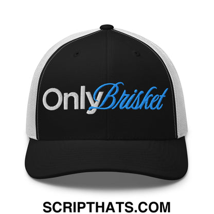 Black and white mesh trucker hat with onlybrisket embroidered in blue cursive script on the front
