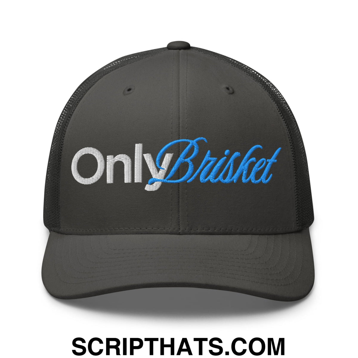Black mesh trucker hat with embroidered only brisket logo in white and blue thread
