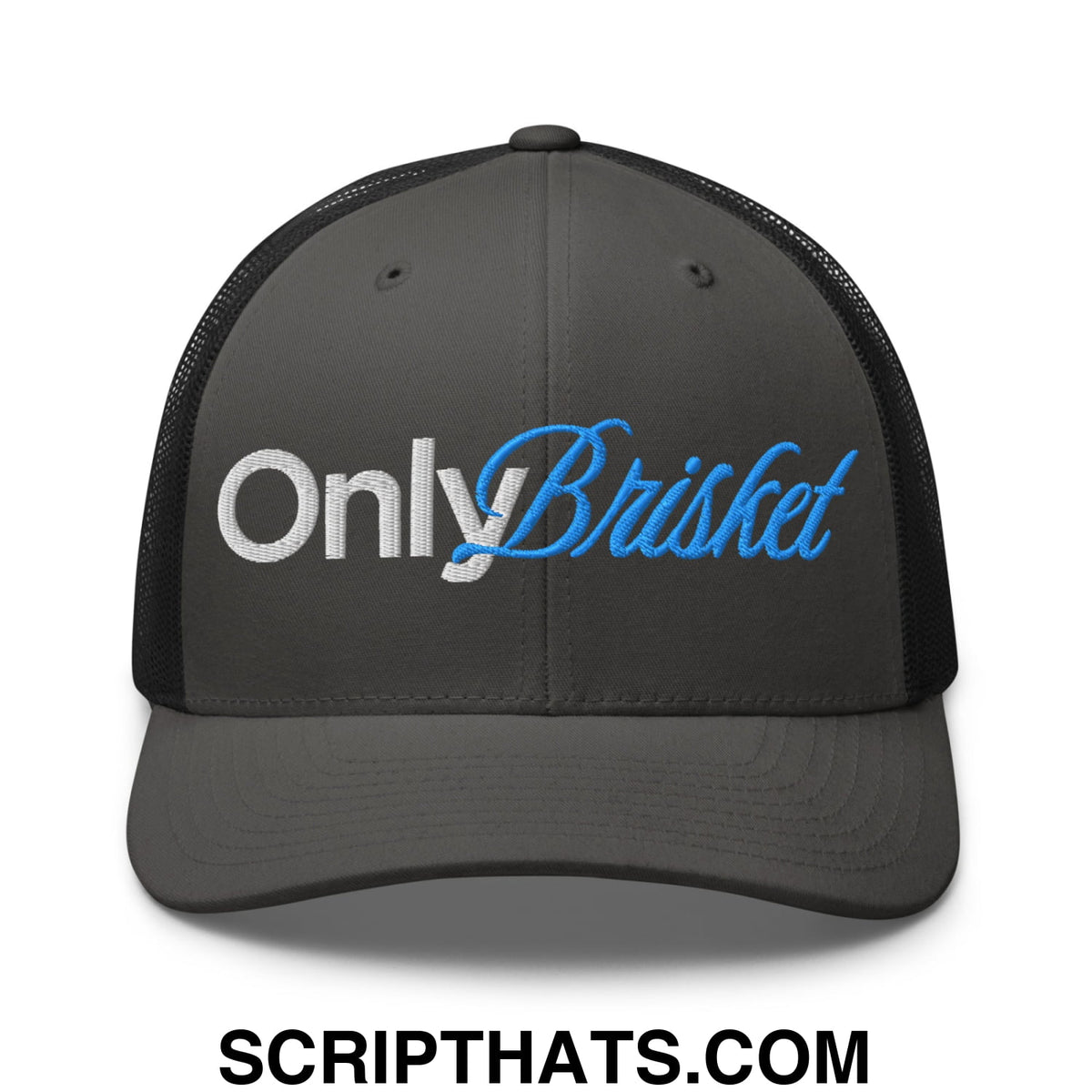 Dark gray mesh trucker hat with only brisket embroidered in white and blue script on the front panel