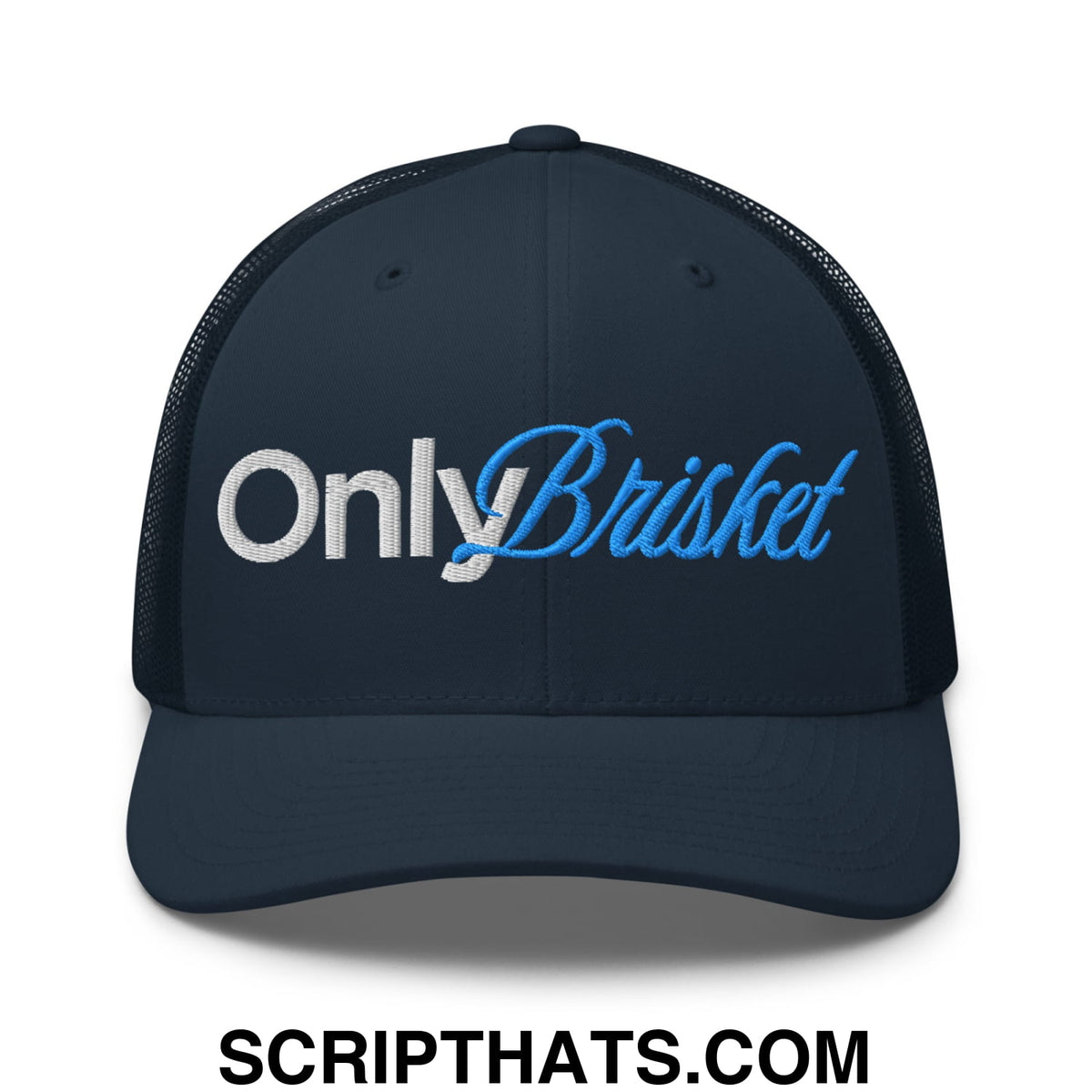 Dark navy mesh trucker hat with only brisket embroidered in white and light blue script