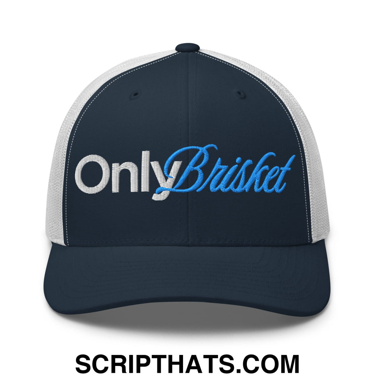 Navy blue and white mesh trucker hat embroidered with only brisket in silver and light blue script