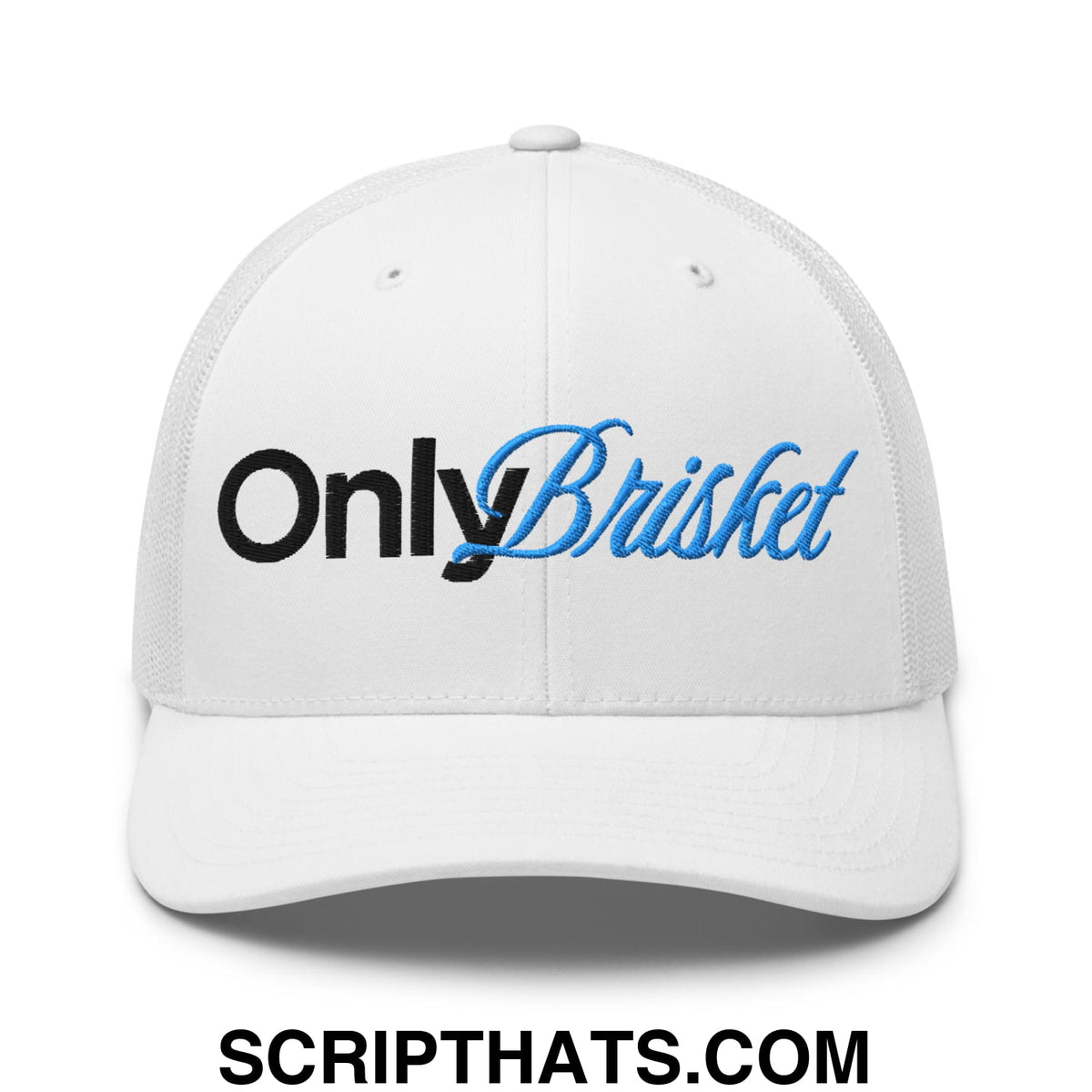 White mesh trucker hat with onlybrisket embroidered in black and blue script on the front panel