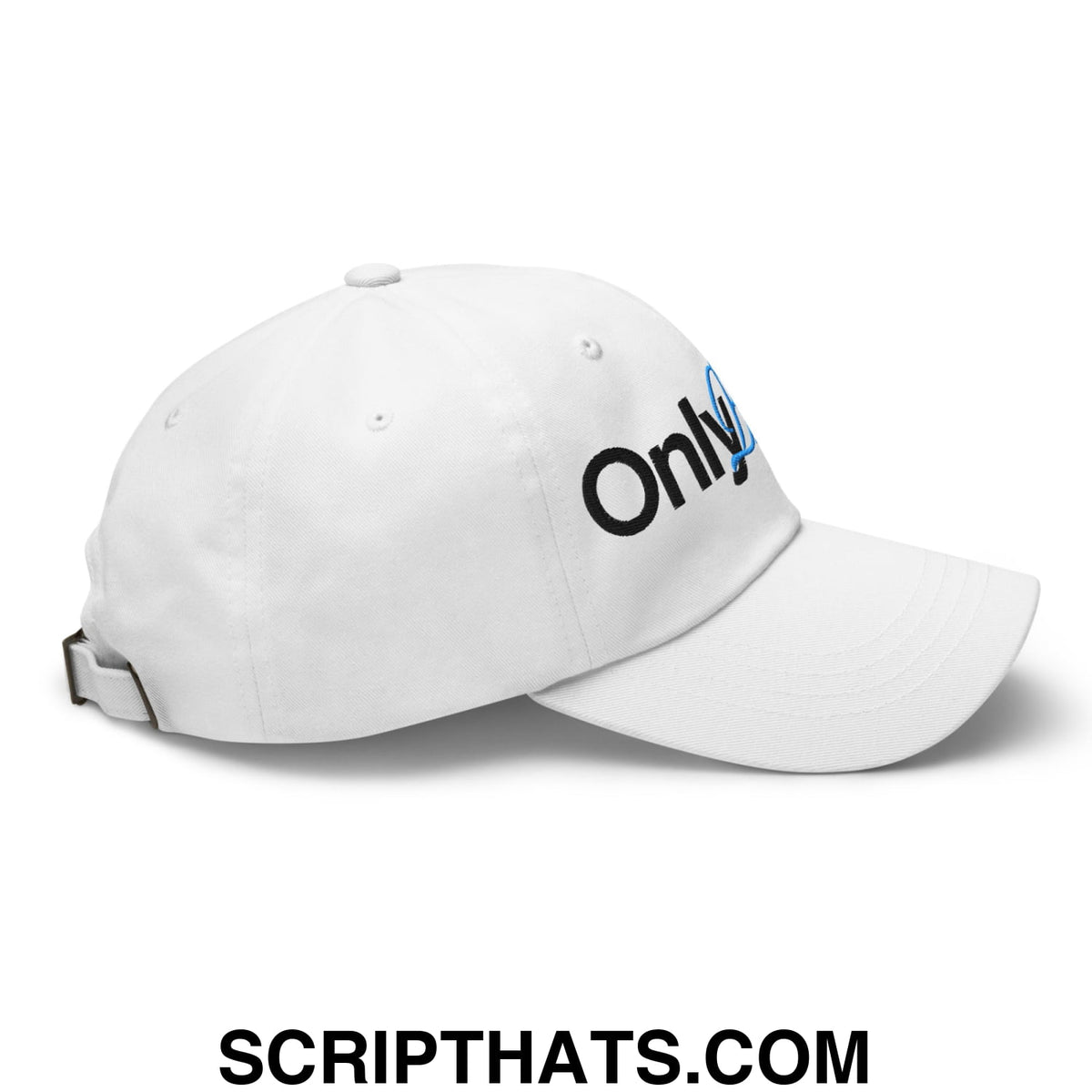 White unstructured dad hat with black and blue embroidered only logo from Only Brisket collection