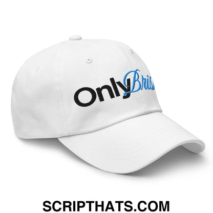 White unstructured dad hat with only brisket embroidered in black and blue script for casual wear