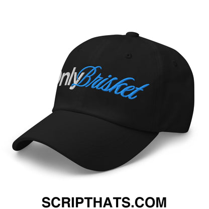 Black onlybrisket embroidered unstructured dad hat with blue and white script logo on front