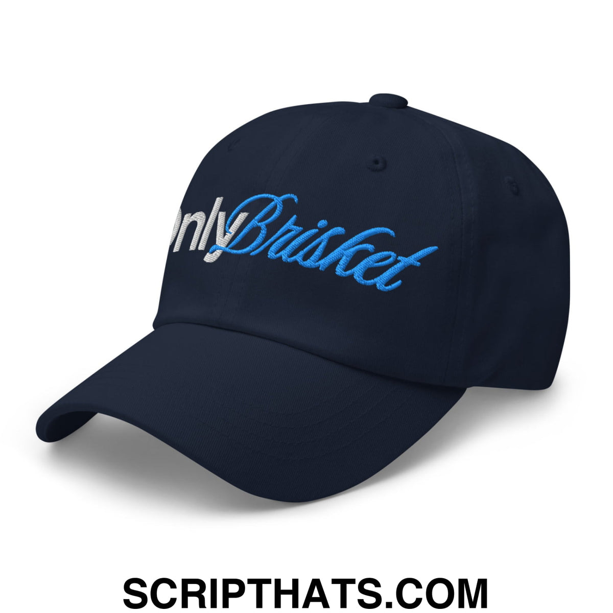 Navy blue unstructured dad hat with onlybrisket embroidered in white and light blue script