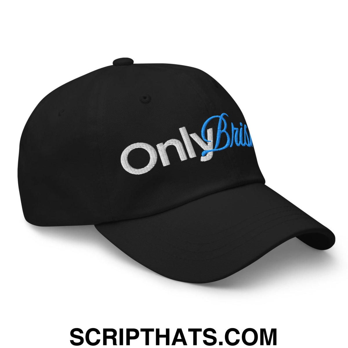 Black unstructured dad hat with embroidered onlybrit logo in white and blue thread for casual wear