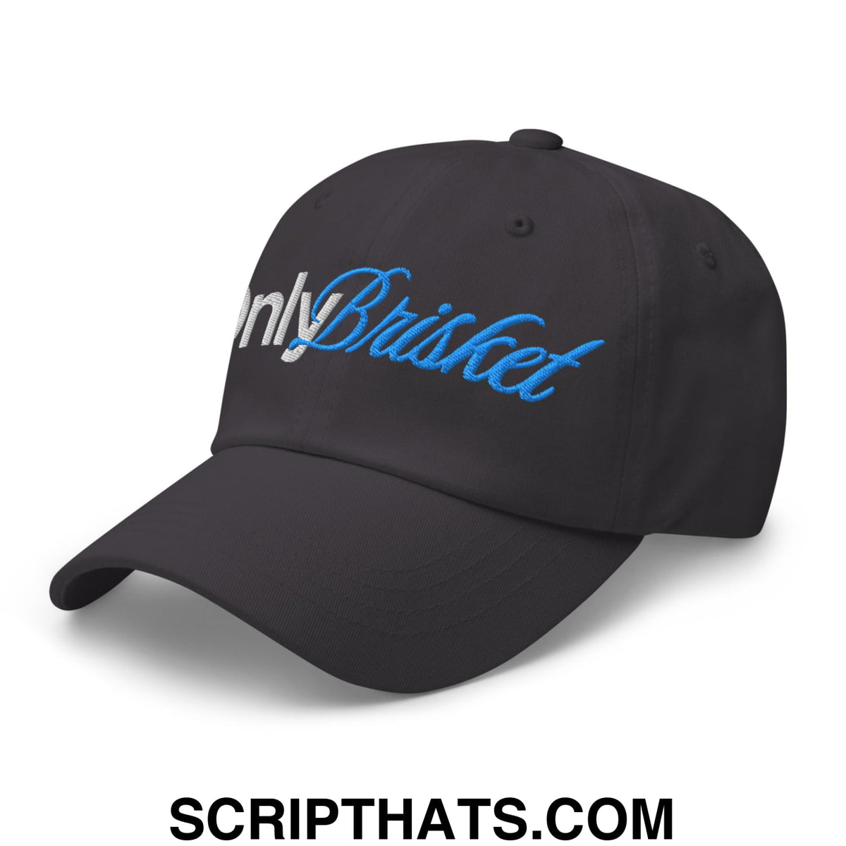 Black unstructured dad hat featuring onlybrisket embroidered in blue and white script on the front panel